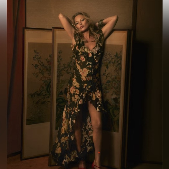 NWT KATE MOSS FOR ZARA black silk floral long dress size small & medium - Picture 10 of 14